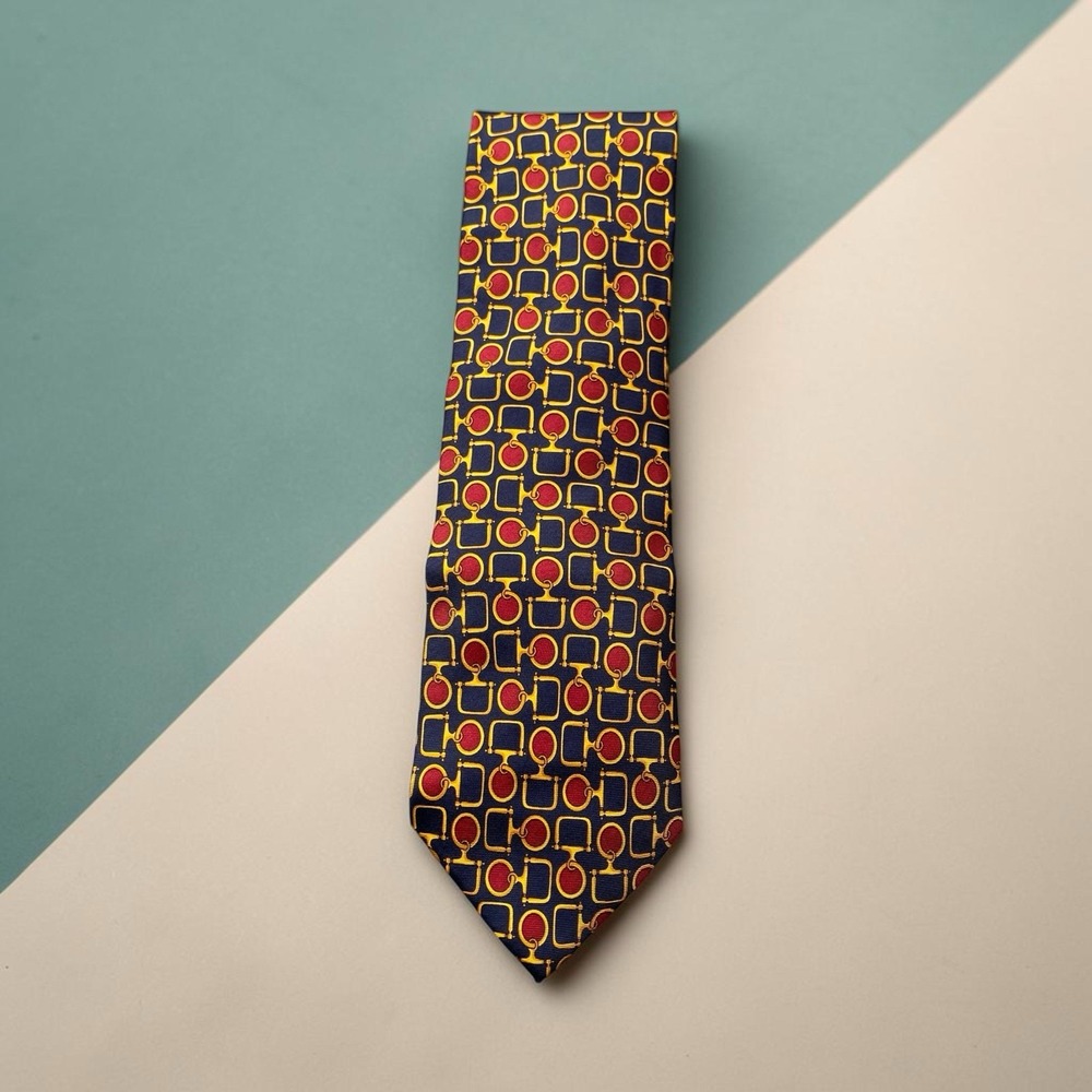 Paolo Gucci Silk Necktie Navy Red Gold Equestrian Horse Bit Geometric Classic